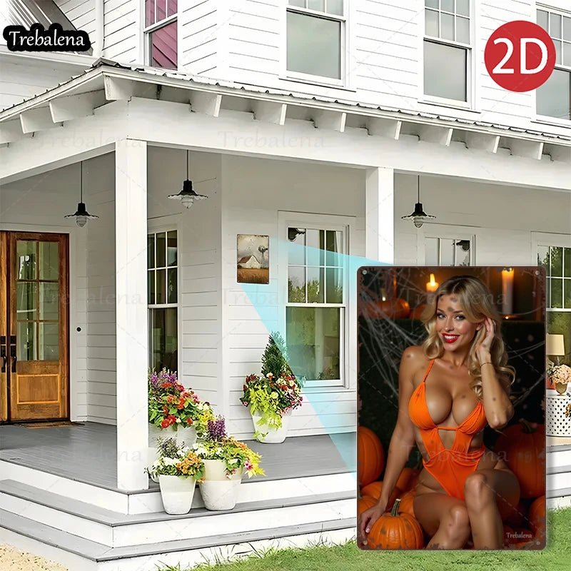 1PC 2D Flat 8*12inch Metal Sign Halloween Pumpkin Scene Woman in Orange Dress Art