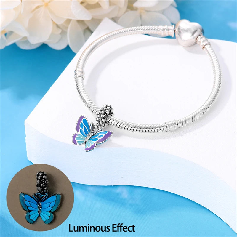925 Sterling Silver Chameleon Luminous Firefly Butterfly Charms Beads Fit Qikaola 925 Original Bracelets Fine DIY Jewelry Making