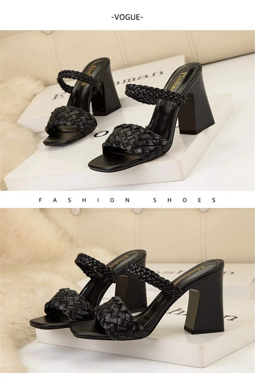 Fashion Weave Thick Heel Women's Slippers Square Toe Summer Casual Ladies Slides Red Orange Shoes Slip On Beach Sexy Pumps Woman