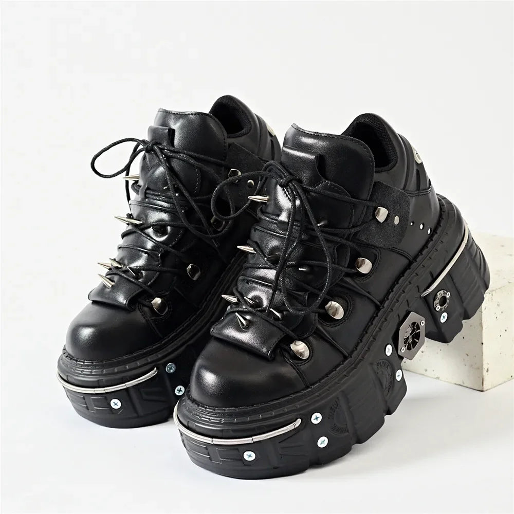 Punk Women Lace-Up Ankle Botas Mujer 2025 Rivet Metal Decoration Round Toe Thick Bottom Boots Woman Nightclub Rock Platform Shoe