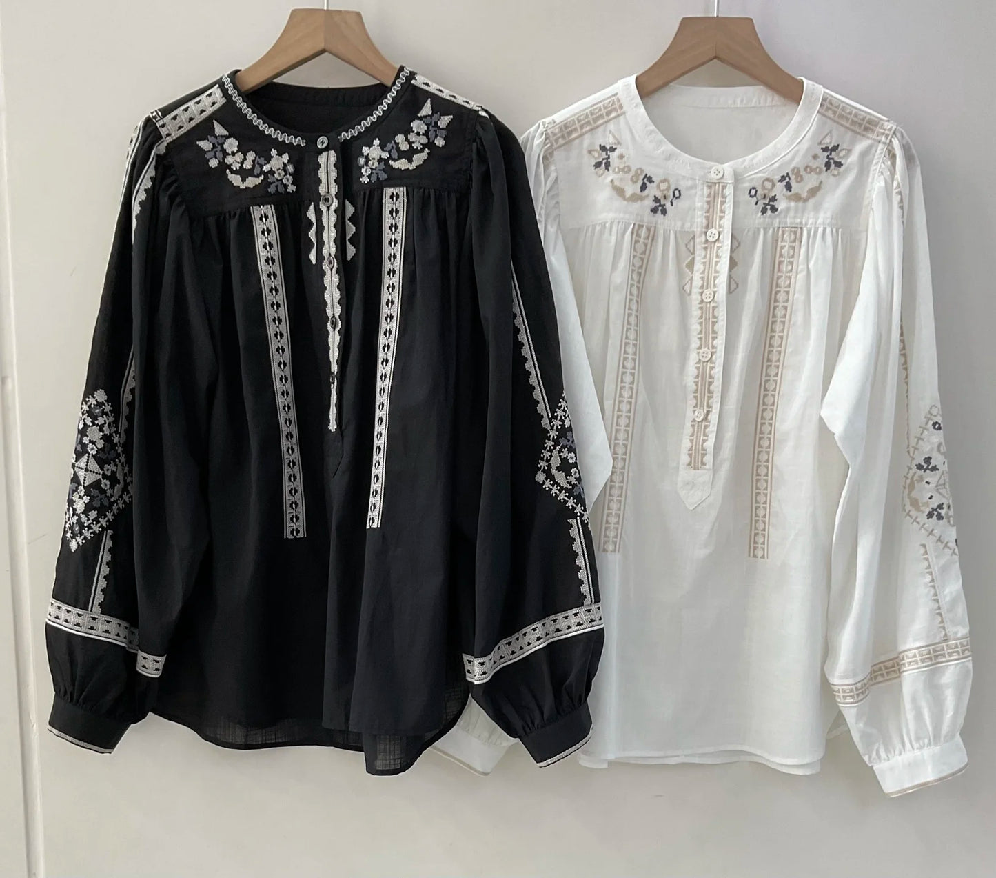Women White Green Black Shirt Embroidery 100% Cotton Vintage Long Lantern Sleeve Front Buttons Lady O-neck Blouse 2025 Spring