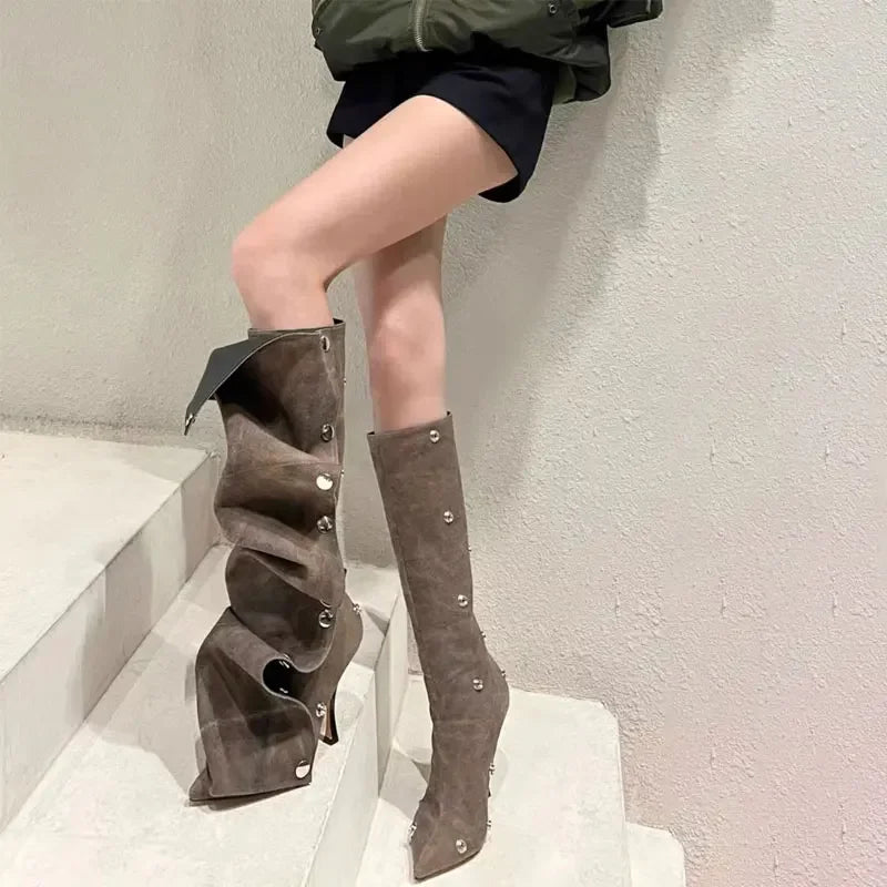 2024 Metal Buckle Detachable Denim Boots 10cm High Heel Boots 35-45 Internet Red Model Fashion Walking Red Carpet Thigh Boots