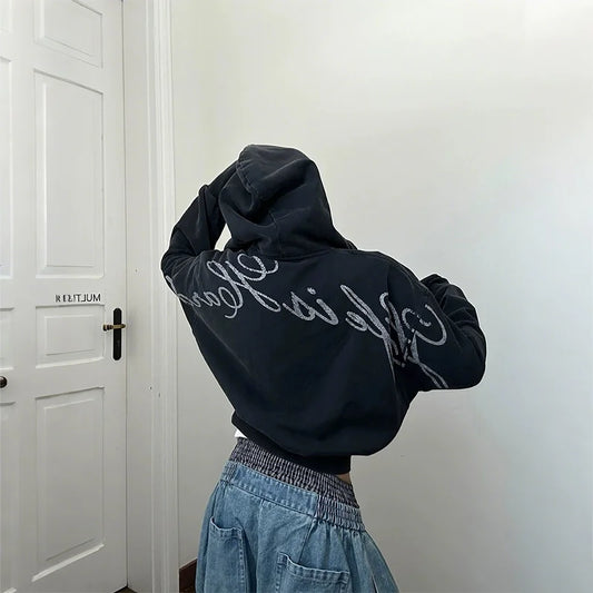 Y2K Fashion Retro Hoodie Artistic White Letter Print Long Sleeve Zip Up Hooded Sweatshirt Men Women Distressed Washed Streetwear