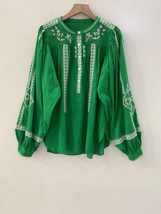 Women White Green Black Shirt Embroidery 100% Cotton Vintage Long Lantern Sleeve Front Buttons Lady O-neck Blouse 2025 Spring
