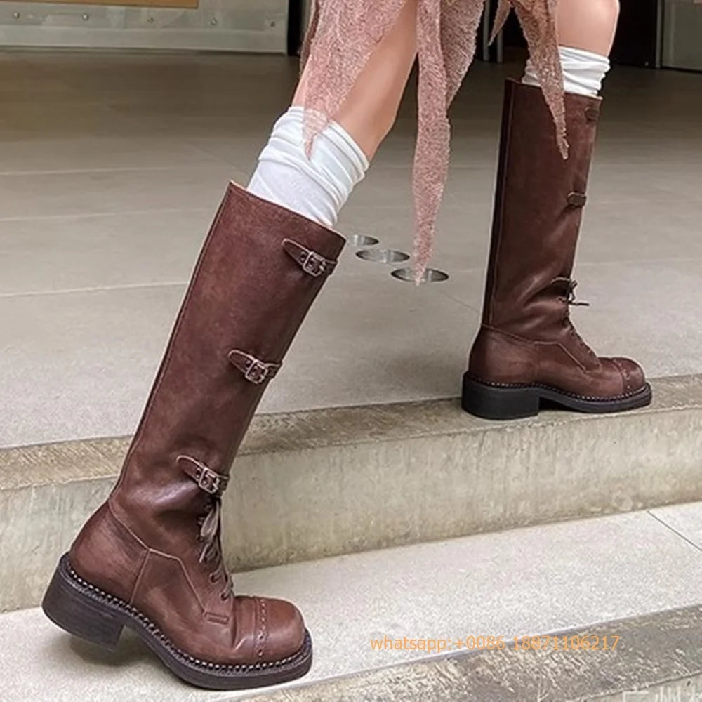 Genuine Leather Ladies Knight Boots 2025 Autumn Belt Buckle Model Catwalk Casual Long Boots Black/brown Thick Heel Casual Boots