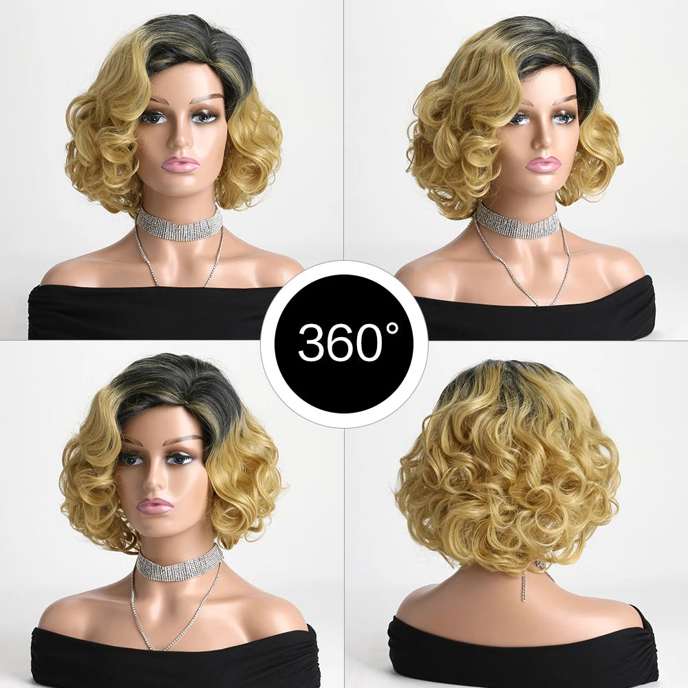 12 Inch Natural Synthetic Wigs for Women Short Black Gradient Gold Wig Heat Resistant Hair For Daily Use Festival Ball Halloween
