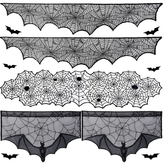 Hallowen Bat Spider Web Table Runner Door Curtain Lace Cobweb Fireplace Cover Lampshade Perfect for Gothic Halloween Decoration