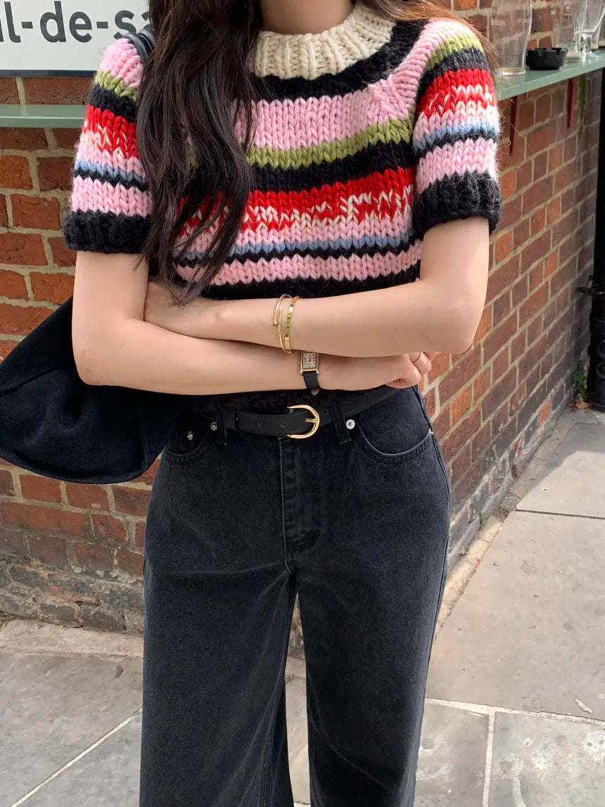 Chic Vintage Heavyweight  Knitted Loose ort Sve Striped Sweater for Women Summer Collection oulder Sve