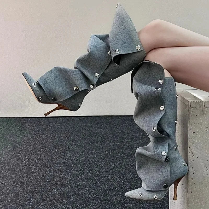2024 Metal Buckle Detachable Denim Boots 10cm High Heel Boots 35-45 Internet Red Model Fashion Walking Red Carpet Thigh Boots