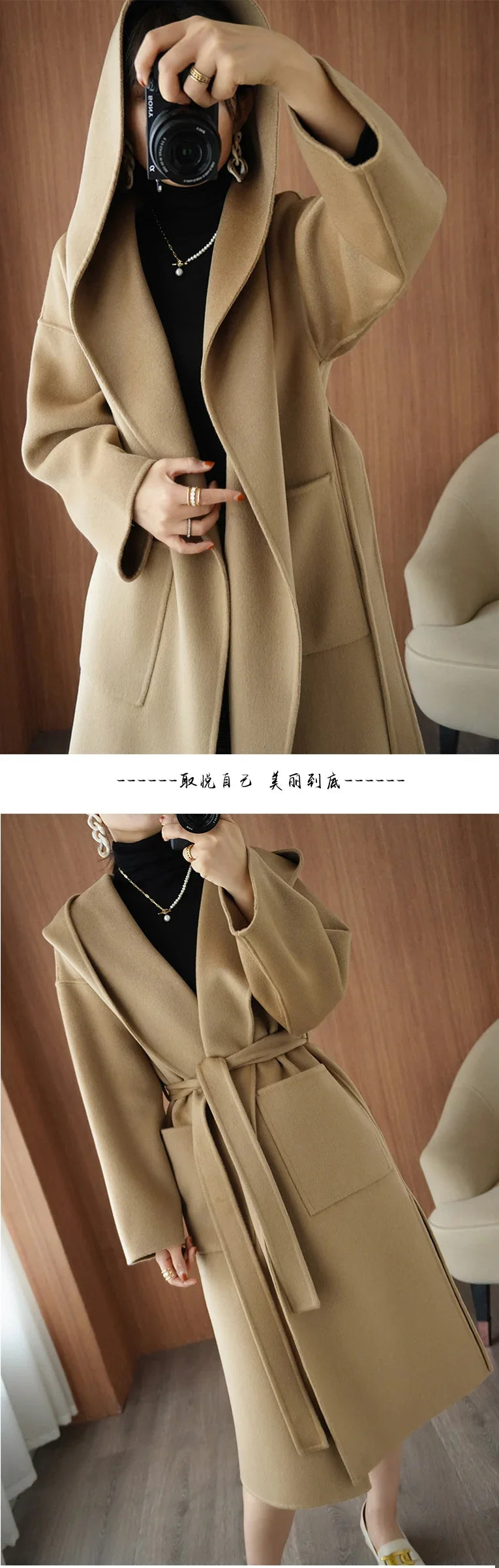 2024 Mid-Length Autumn and Winter Hooded Double Sided Cotton Cashmere Coat Female 100% Wool Loose Thick Woolen Coat
