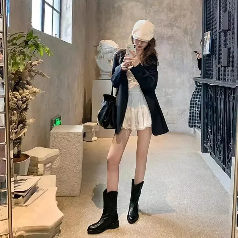 New Fashion Boots for Women Spring/Autumn Square Heel Female Mid-Calf Boots Ladies Slip-On Pointed Toe WESTERN Boots Women