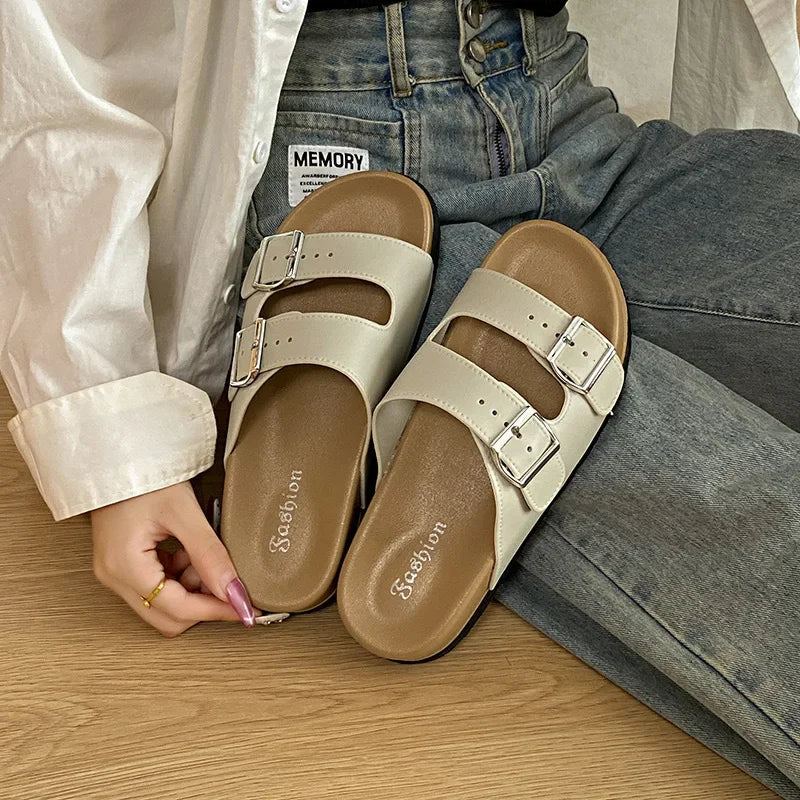 Women's Belted Sandals Roman Style PVC Material Open Toe Metal Decorated Flat Heels Spring Summer Outdoor Wear Fashionable Versa