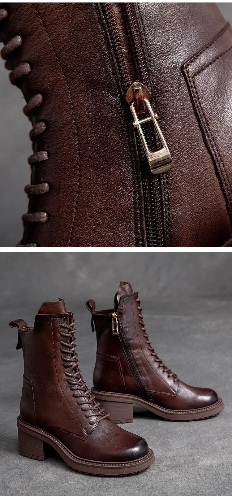 Careaymade 2025 Cow Leather Quality Women Shoes Autumn Winter Square Med Heel Ankle Boots Lace Up Zipper Ladies Pumps Size 35-40
