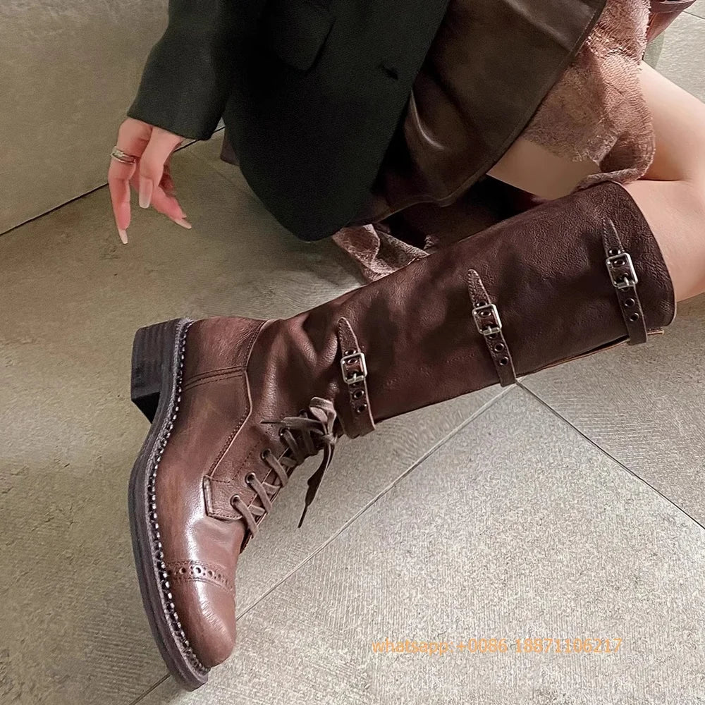Genuine Leather Ladies Knight Boots 2025 Autumn Belt Buckle Model Catwalk Casual Long Boots Black/brown Thick Heel Casual Boots