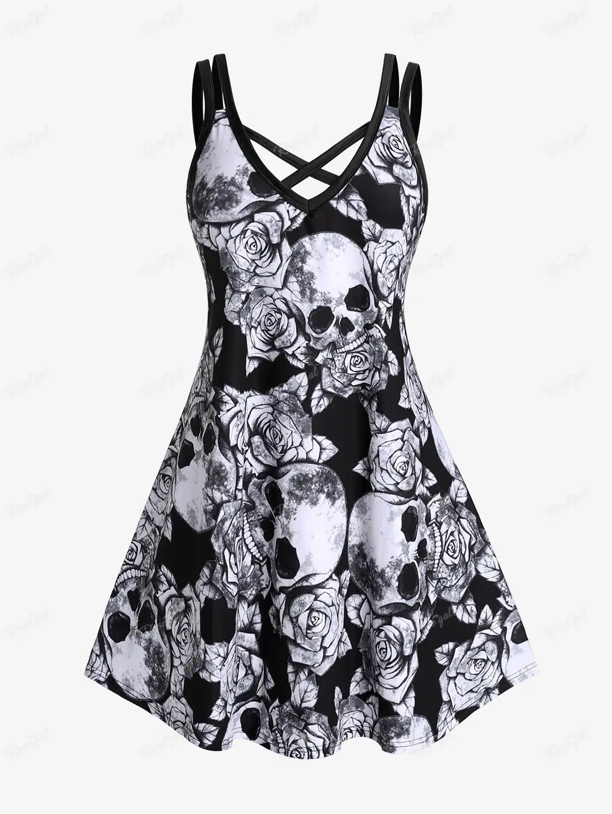 ROSEGAL Halloween 3D Printed Dresses Plus Size Crisscross Skull Print Dress Summer Casual Sleeveless Vestidos 5XL