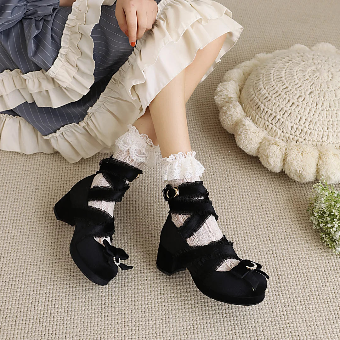 JK Fairy Lolita Shoes Flock Gold Velvet Bow Platform Mary Jane Cross Strap Pumps Gladiator Cosplay Party Red Green Black