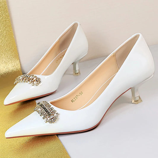 BIGTREE Shoes 4.5 cm Rhinestone metal decoration Kitten high heels patent leather Women Pumps stilettos Lady Shoes Plus Size 43