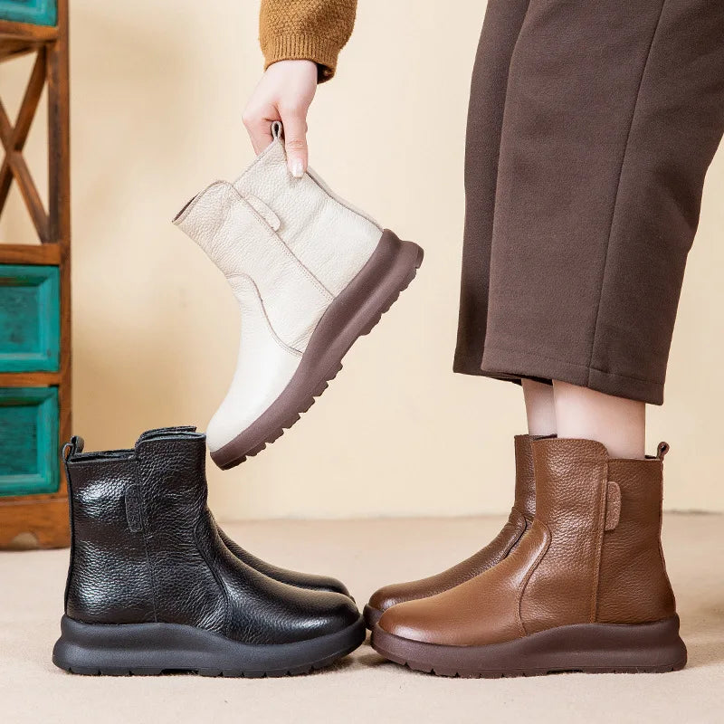 GKTINOO 2025 Winter New Genuine Leather Side Zipper Flat Bottom Women's Short Boots Soft Sole Plush Warm Cotton Shoes