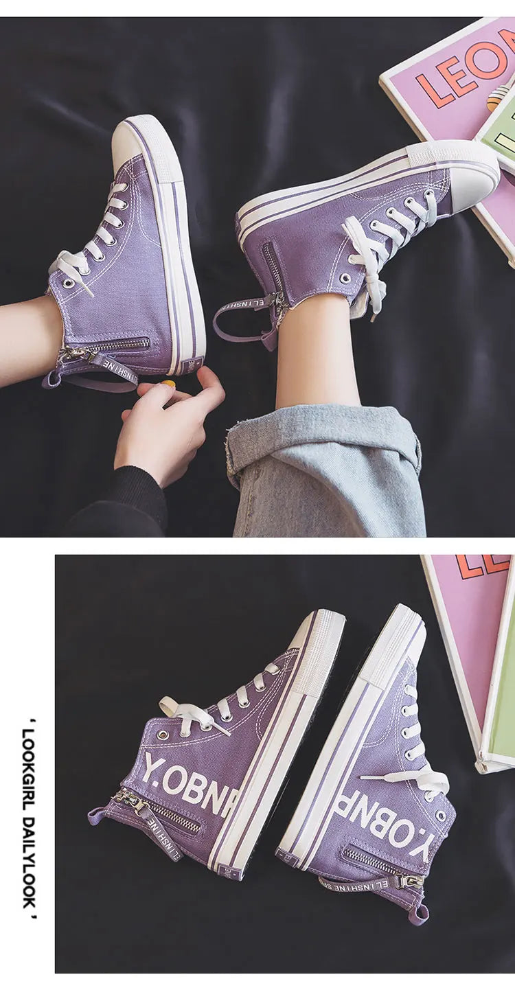 Fashion Purple Womens Canvas Shoes Spring and Autumn High Top Woman Shoes Zipper Breathable Canvas Sneakers Women Vulcanize Shoe