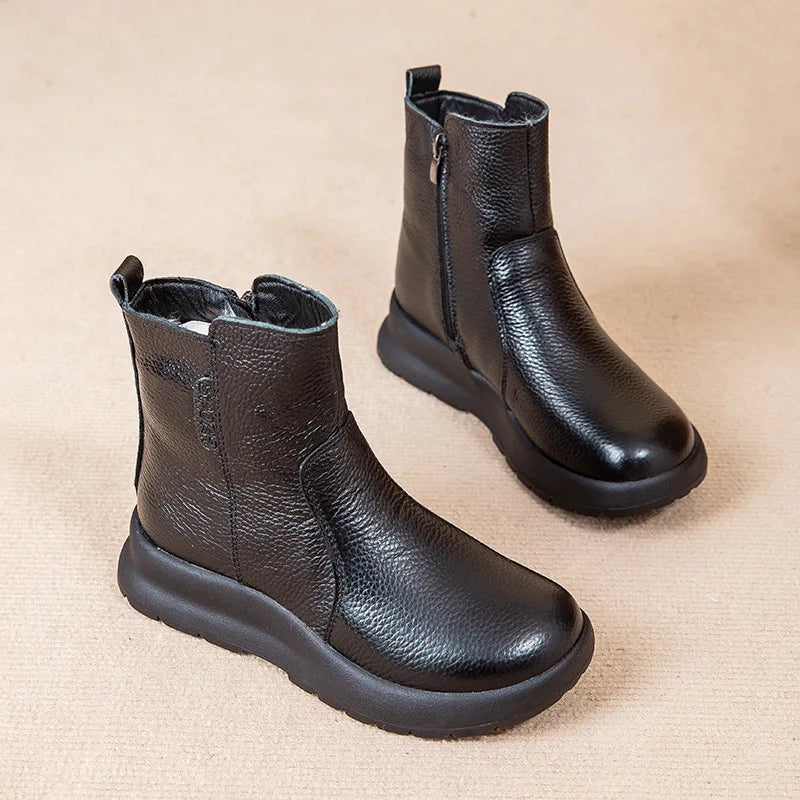 GKTINOO 2025 Winter New Genuine Leather Side Zipper Flat Bottom Women's Short Boots Soft Sole Plush Warm Cotton Shoes