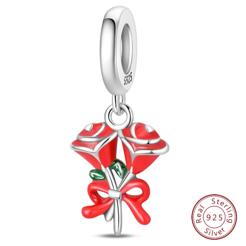 Original 925 Sterling Silver Red Charm Beads Red Wine Chili Dumbbell Pendant For Women Fit DIY Bracelet Birthday Jewelry Gift