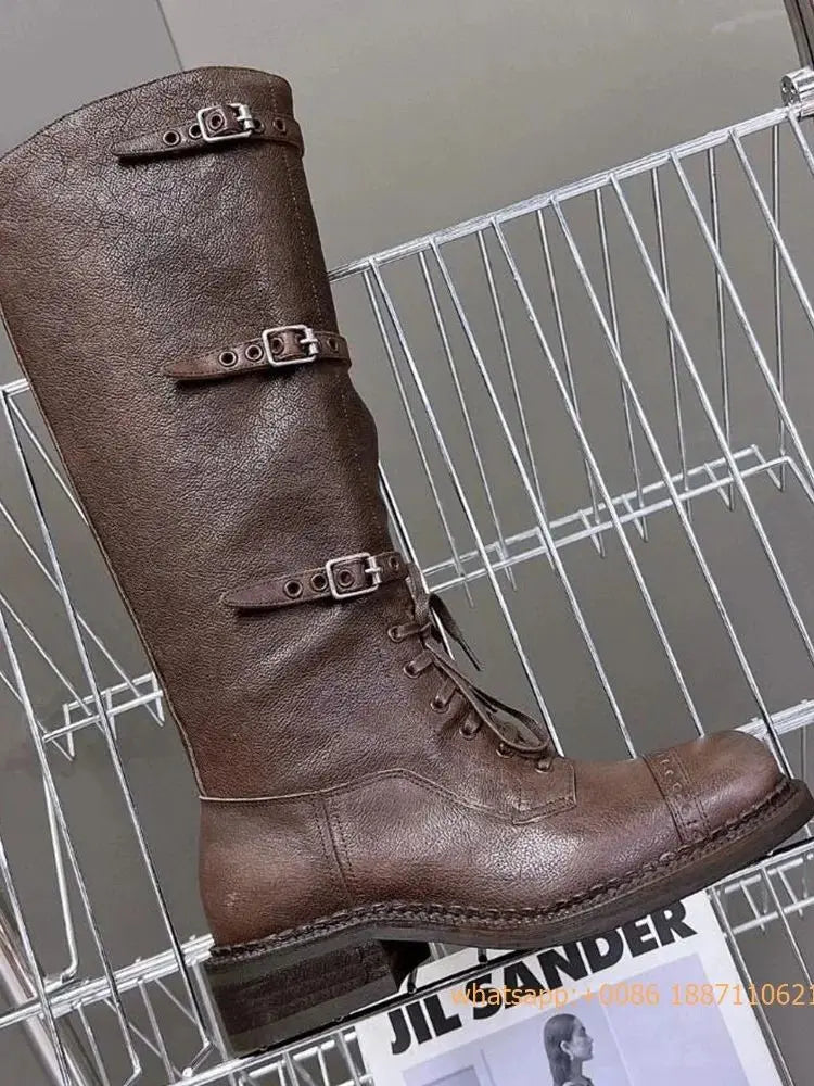 Genuine Leather Ladies Knight Boots 2025 Autumn Belt Buckle Model Catwalk Casual Long Boots Black/brown Thick Heel Casual Boots