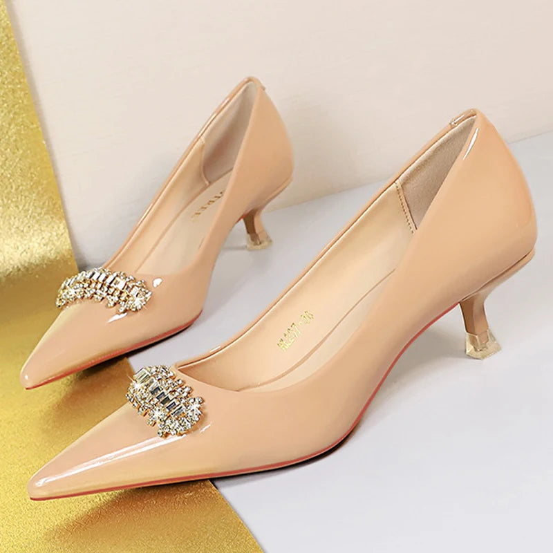 BIGTREE Shoes 4.5 cm Rhinestone metal decoration Kitten high heels patent leather Women Pumps stilettos Lady Shoes Plus Size 43