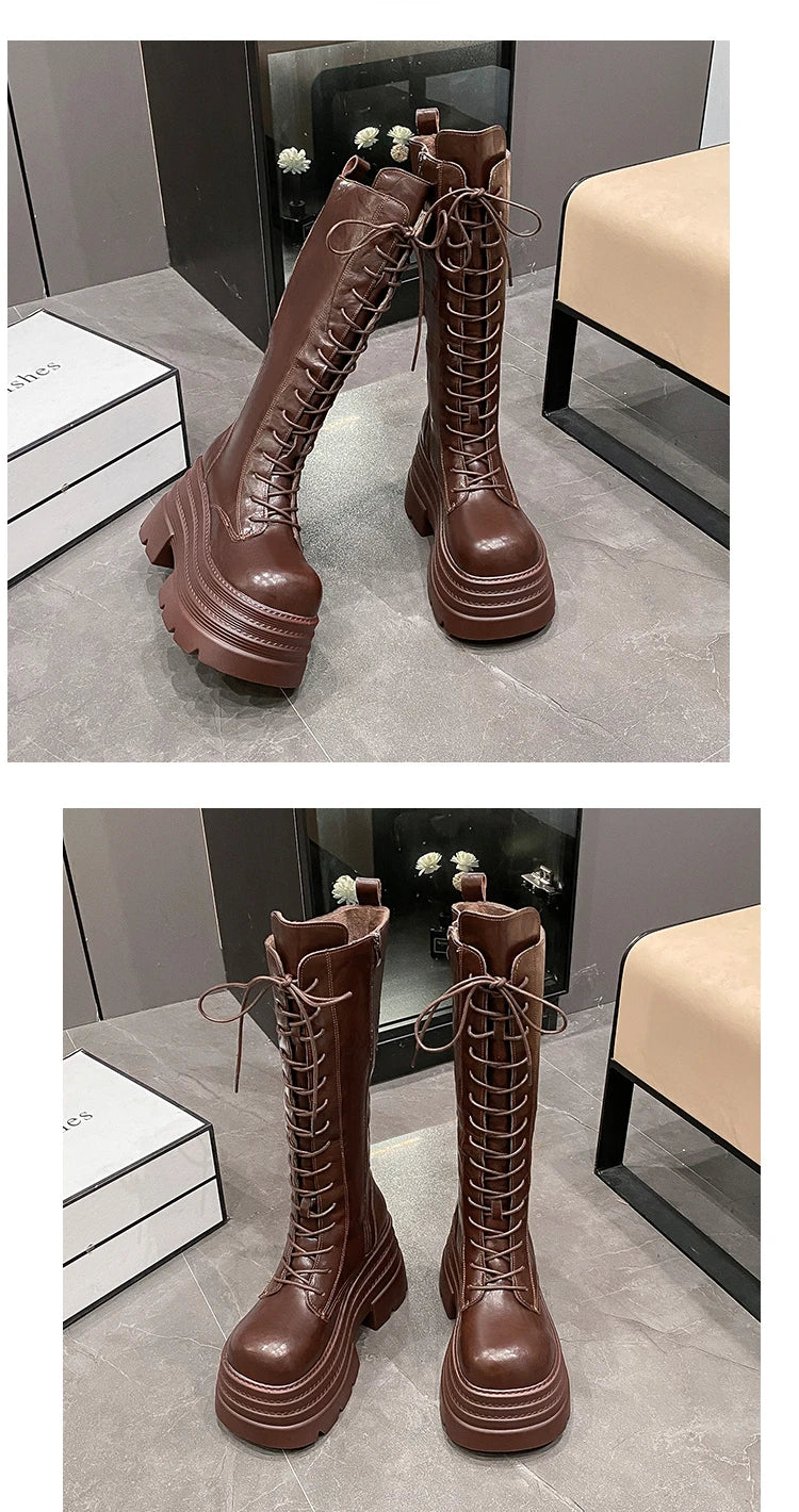 New Women's Roman Long Boots Autumn Winter Knee-high Leather Punk Shoes Chunky Platform Casual Knight Boots Botas Mujer 10CM