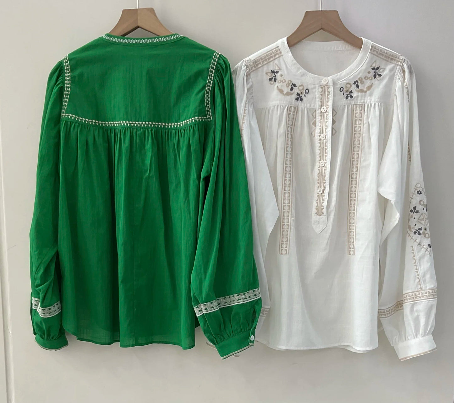 Women White Green Black Shirt Embroidery 100% Cotton Vintage Long Lantern Sleeve Front Buttons Lady O-neck Blouse 2025 Spring