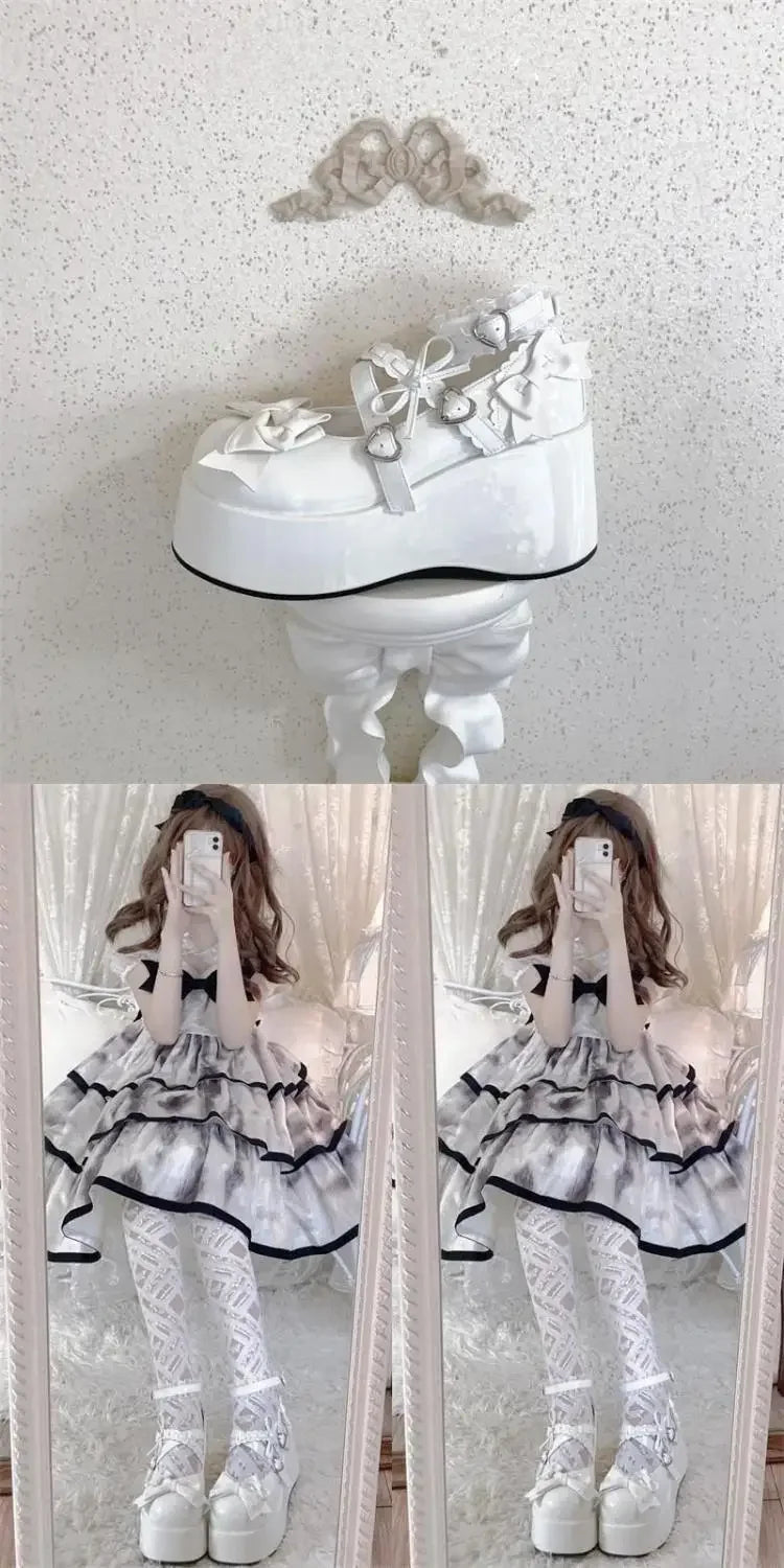 Lace Bowknot White Lolita Shoes for Women 2025 Heart Buckle Platform Mary Janes Woman Japanese Style Patent Leather Jk Shoes