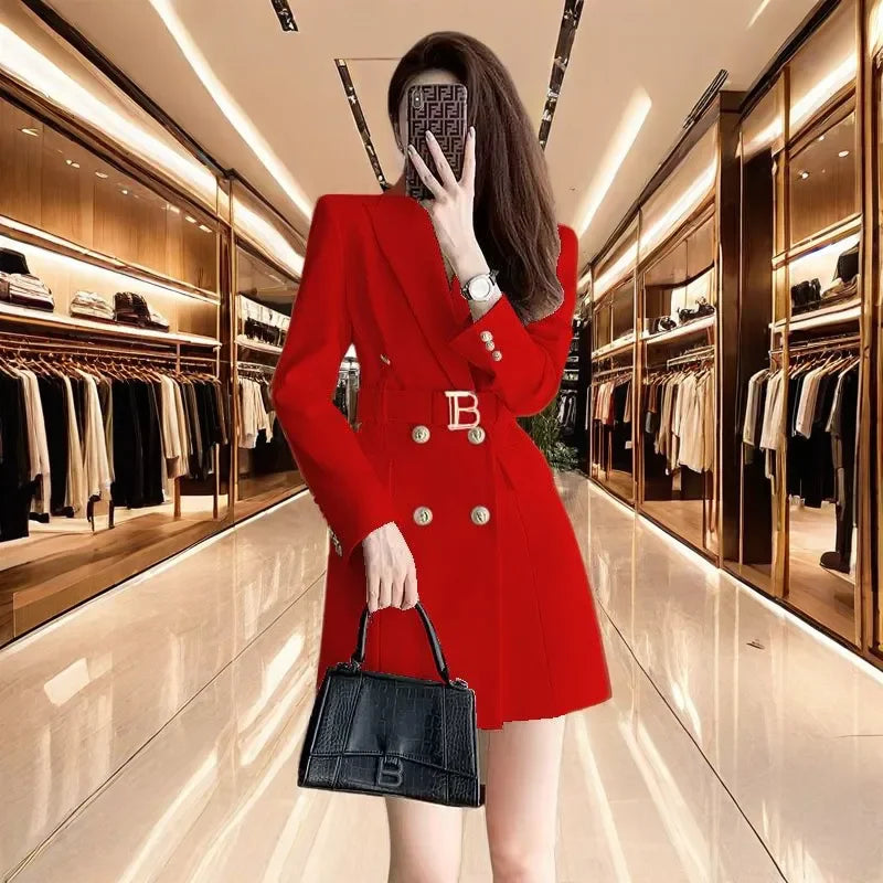 2025 New Spring Autumn Chic Casual Outwear Jacket Outwear Women's Belt Medium Long Double Row Long Sleeve Professional Suit Tops
