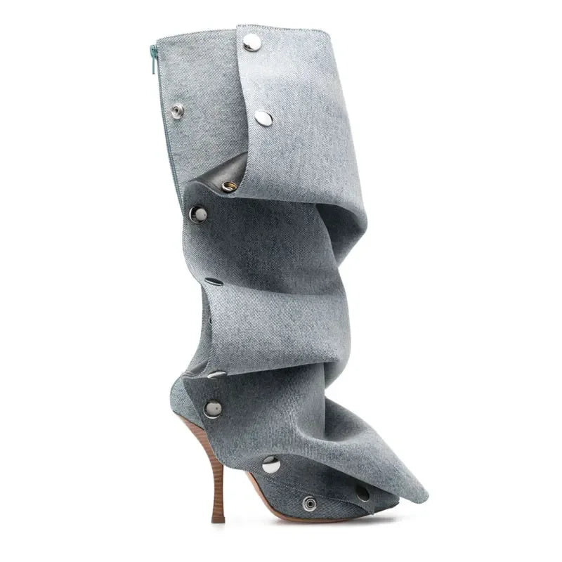 2024 Metal Buckle Detachable Denim Boots 10cm High Heel Boots 35-45 Internet Red Model Fashion Walking Red Carpet Thigh Boots