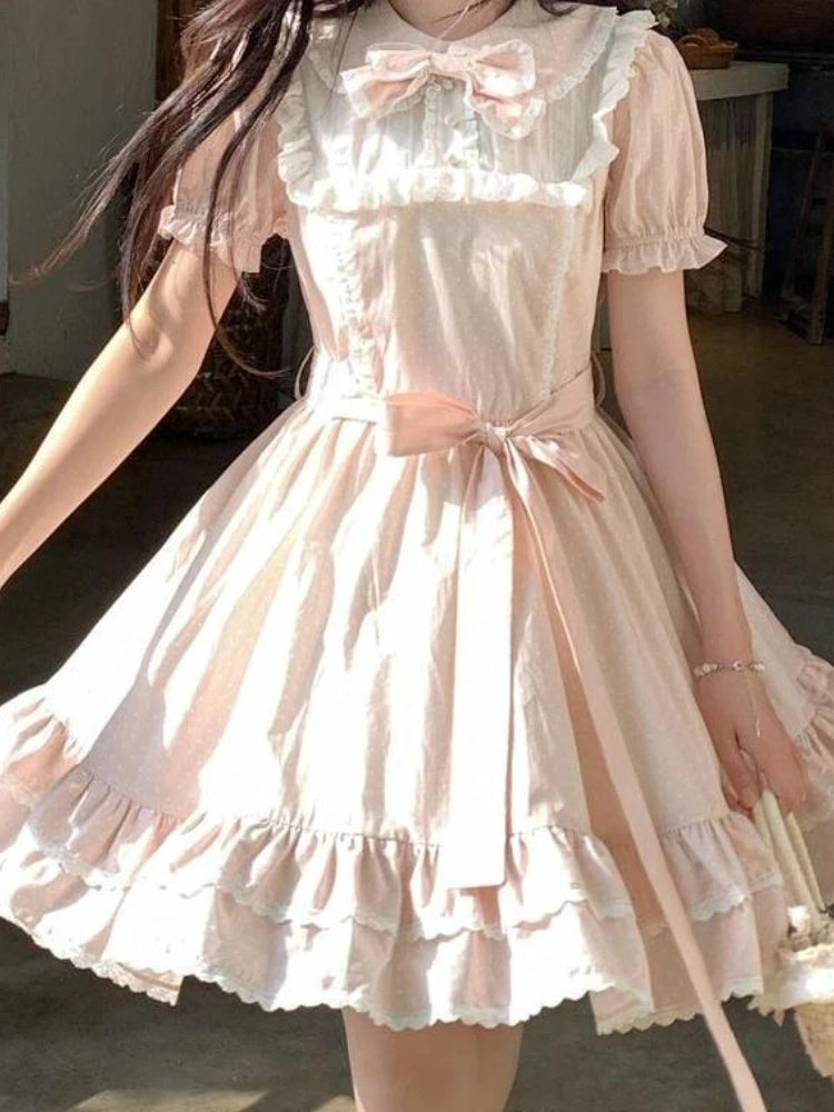 Summer Sweet Pink Puff Sleeve Bow Dress Women's Design Casual New Patchwork Dresses Elegant New Fashion A-line Short Dresses