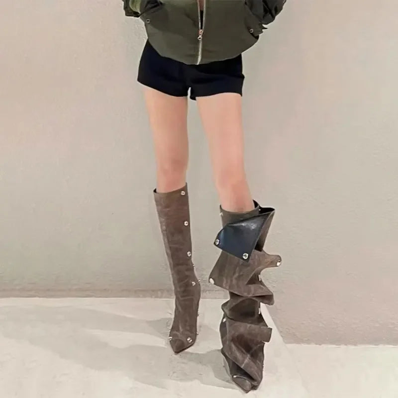 2024 Metal Buckle Detachable Denim Boots 10cm High Heel Boots 35-45 Internet Red Model Fashion Walking Red Carpet Thigh Boots