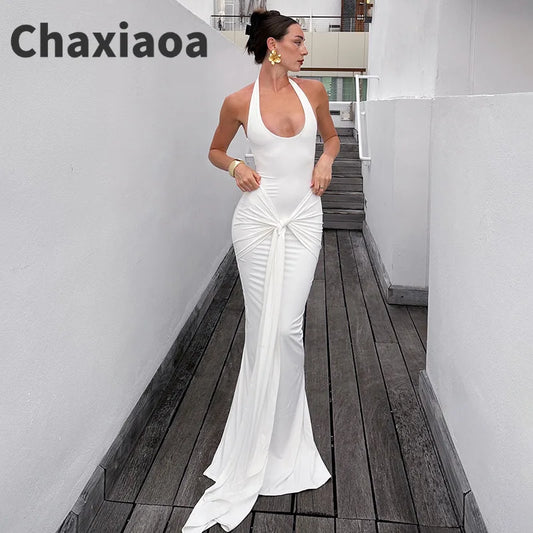 Chaxiao Halter Backless Ruched Sexy Maxi Dress Women Gown Fashion Sleeveless Backless Draped Bodycon Club Party Long Dresses