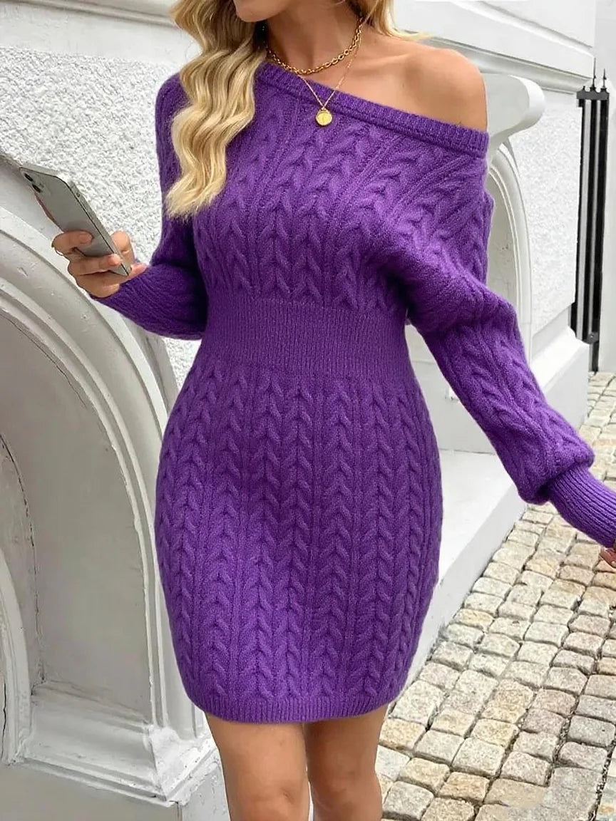 Autumn Winter Retro Twisted Knit Dress for Women, Purple Waist-Defining Slimming Round Neck Long Sleeve Bodycon Sweater Dress