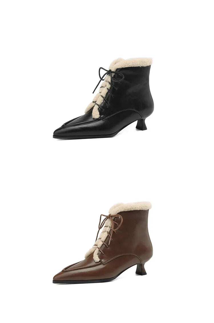 NEW Winter Women Shoes Split Leather Shoes for Women Pointed Toe Kitten Heel Shoes Elegant Modern Boots Wool Blend Ankle Boots
