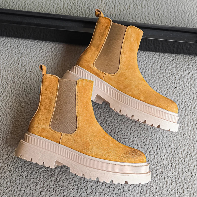 large size men casual party nightclub high chelsea boots slip-on cow suede leather shoes cowboy platform boot autumn winter bota