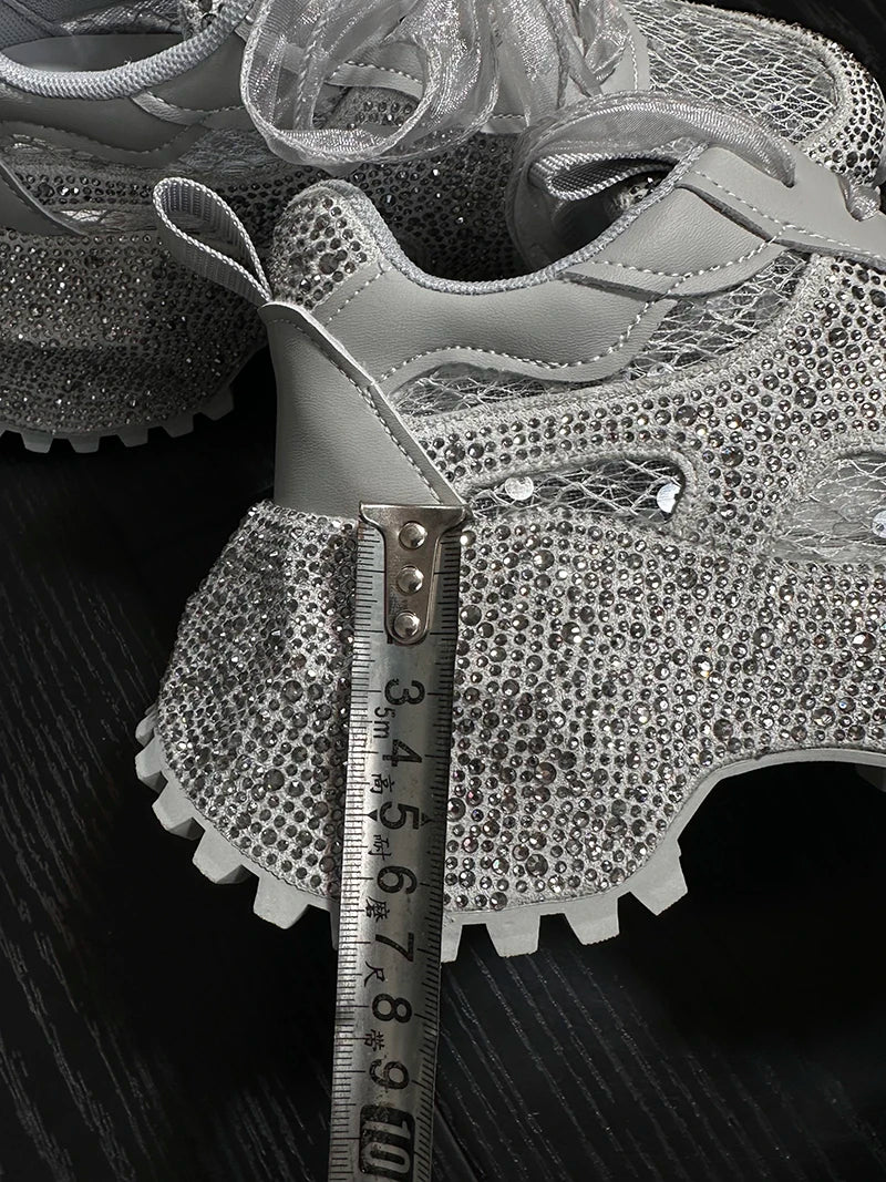 Leisure Sneakers Lace Up Breathable Platform Women Pumps High Heel Round Toe Solid Color Daily Diamonds Bowknot Comfortable