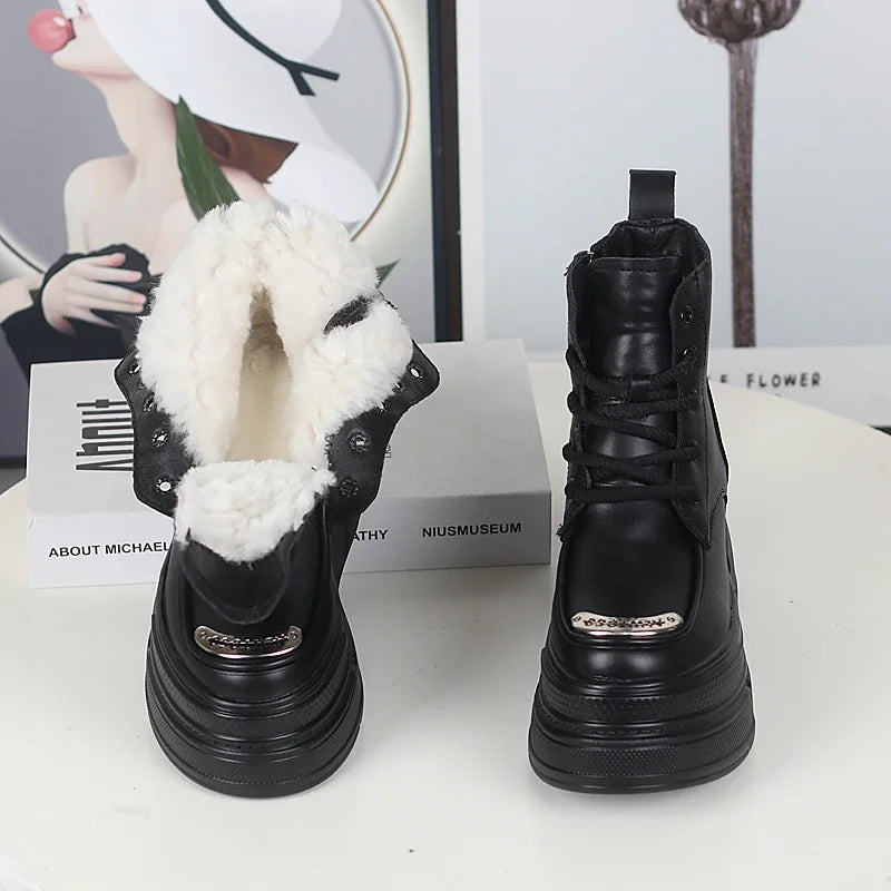 12CM Genuine Leather Winter Autumn Chimney Plush Spring Ankle Booties Fashion ZIP Women Moccasins Platform Wedge Shoes