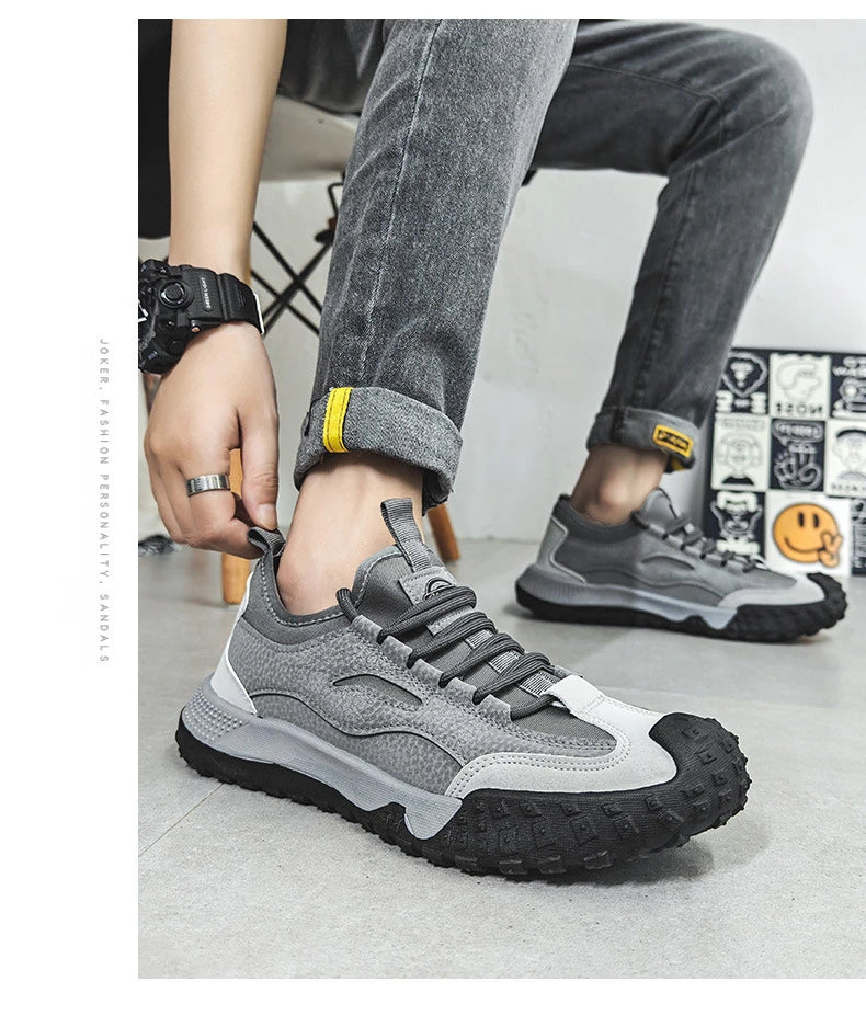Outdoor Men Hiking Shoes Anti-slip Platform Men Sneakers Retro Leather Jogging Shoes Fashion Wear-resistant Trekking Shoes Male