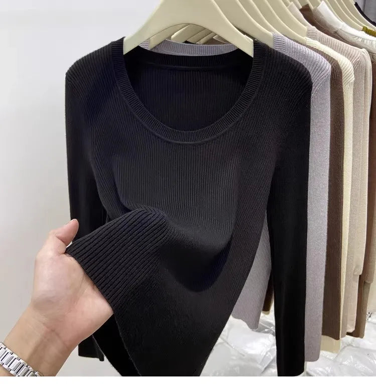 Zjaiss Solid Color O-neck Knitted Pullovers 2025 Women's Autumn Winter New Slim Fit Sweater Soft Warm Simple Base Layer Top