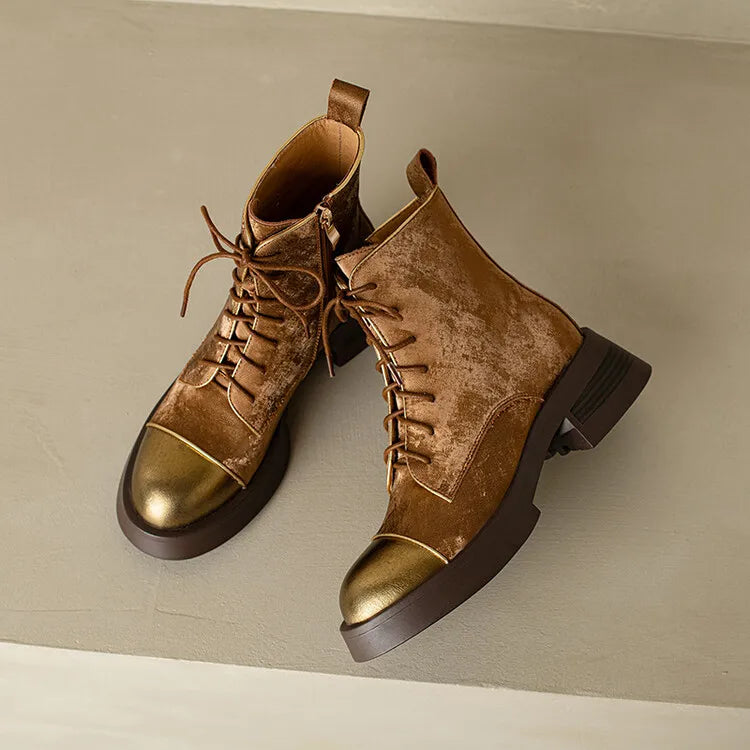 NEW Autumn Women Boots Genuine Leather Shoes for Women Round Toe Chunky Heel Shoes Lace-up Platform Boots Black Ankle Boots
