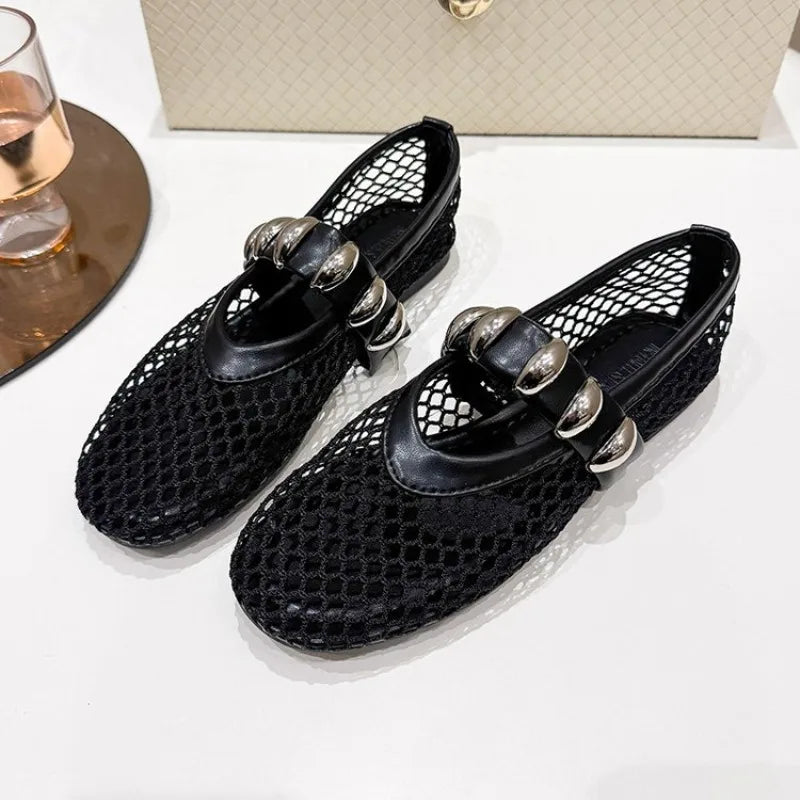 Spring New Flat Shoes Women Fashion Round Head Shallow Mouth Mesh Cloth Breathable Metal Buckle Soft Sole Single Shoes