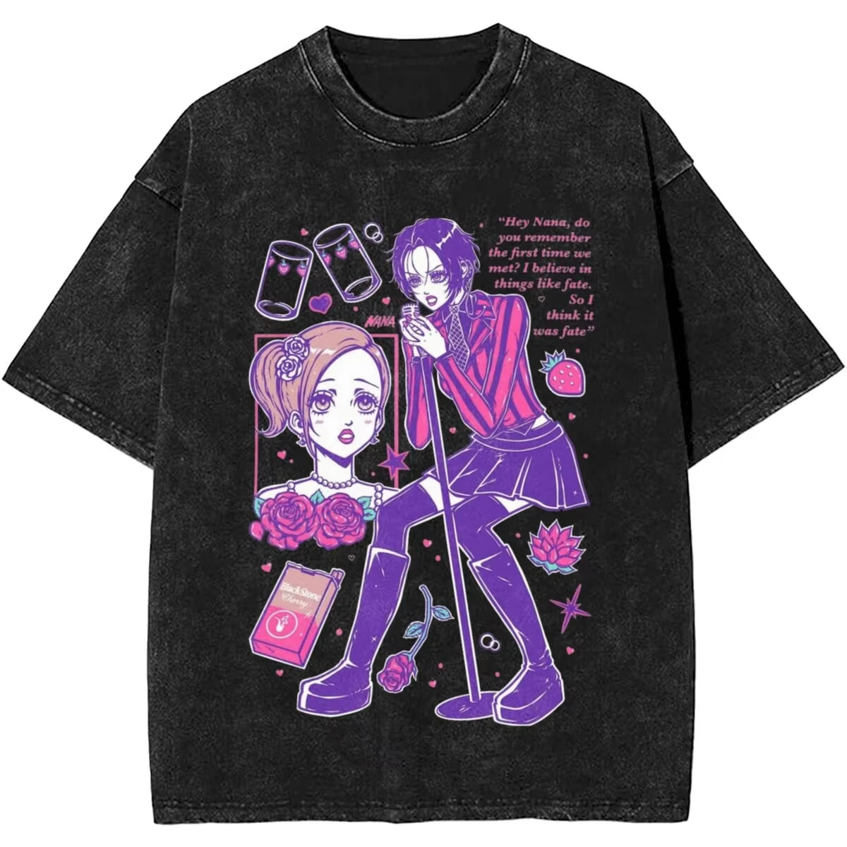Men's Women Manga Black Stones Nana Vintage Washed T Shirts Trendy Tee Couple Summer Aesthetic Casual Clothing Hip Hop Oversized