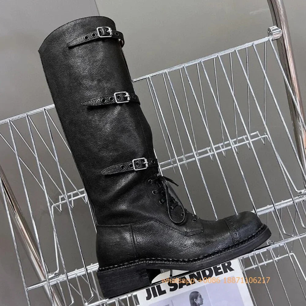 Genuine Leather Ladies Knight Boots 2025 Autumn Belt Buckle Model Catwalk Casual Long Boots Black/brown Thick Heel Casual Boots