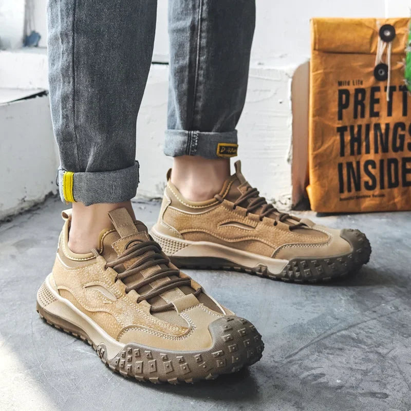 Outdoor Men Hiking Shoes Anti-slip Platform Men Sneakers Retro Leather Jogging Shoes Fashion Wear-resistant Trekking Shoes Male