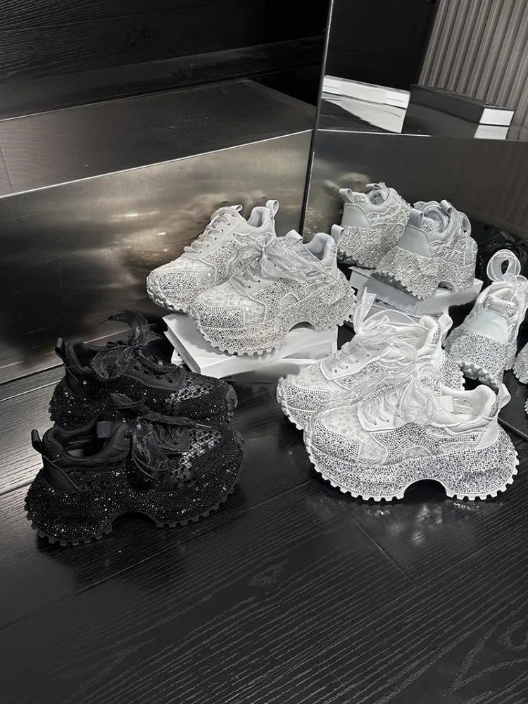 Leisure Sneakers Lace Up Breathable Platform Women Pumps High Heel Round Toe Solid Color Daily Diamonds Bowknot Comfortable