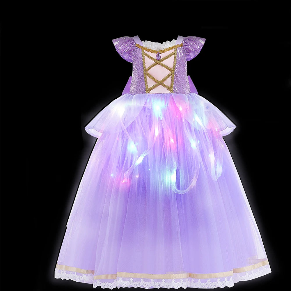 Girls Princess Costume Purple Rapunzel LED Light Up 2PCS Dress Fancy Birthday Carnival Party Elegant Children Clothing Halloween