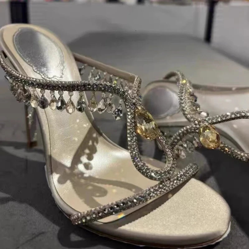 Rhinestone One-word Strap High Heels Slippers Women's 2025 New Summer Sandals Thin Heels Cool Slippers